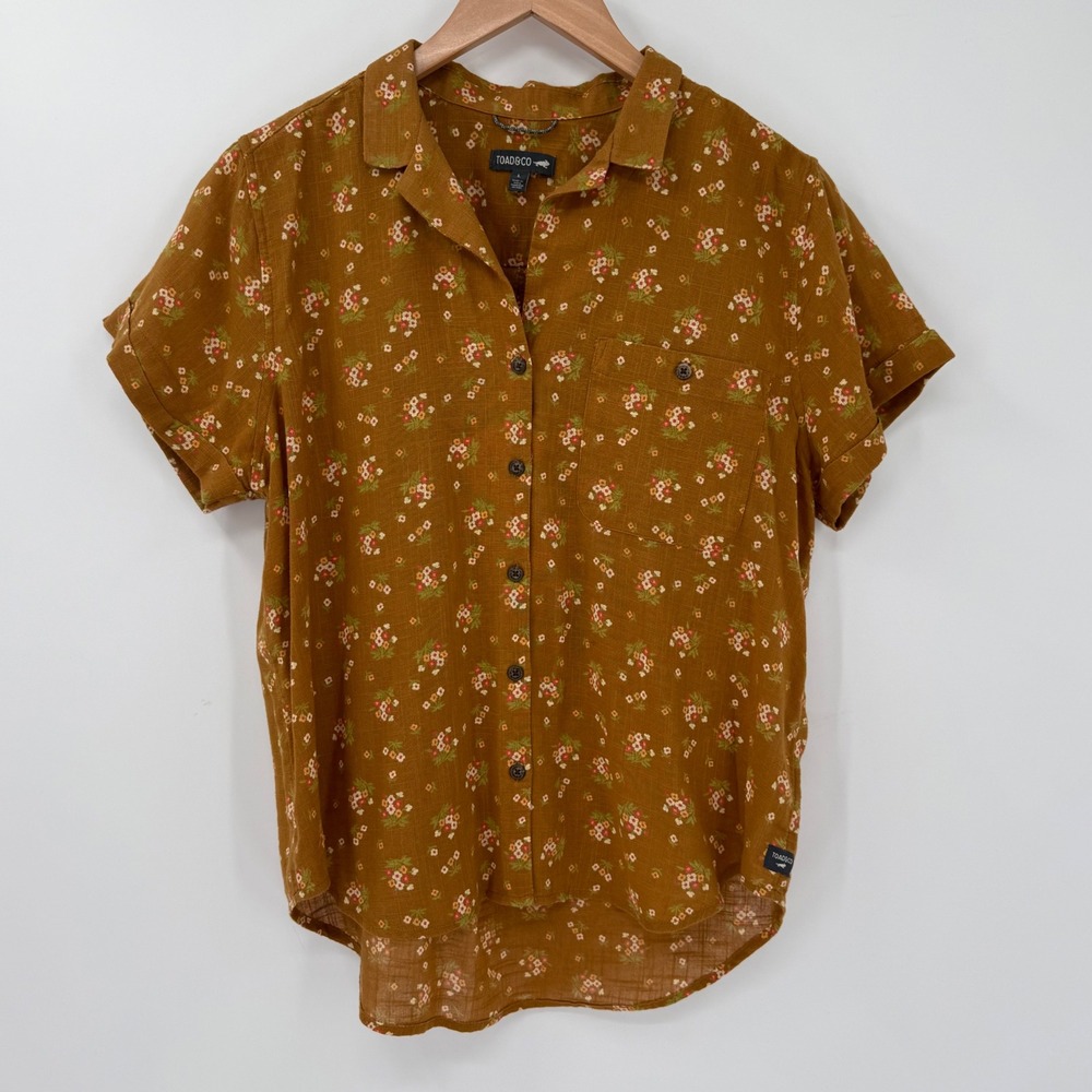 Toad&Co Camp Cove Shirt Large Organic Cotton Floral Brown Button Front